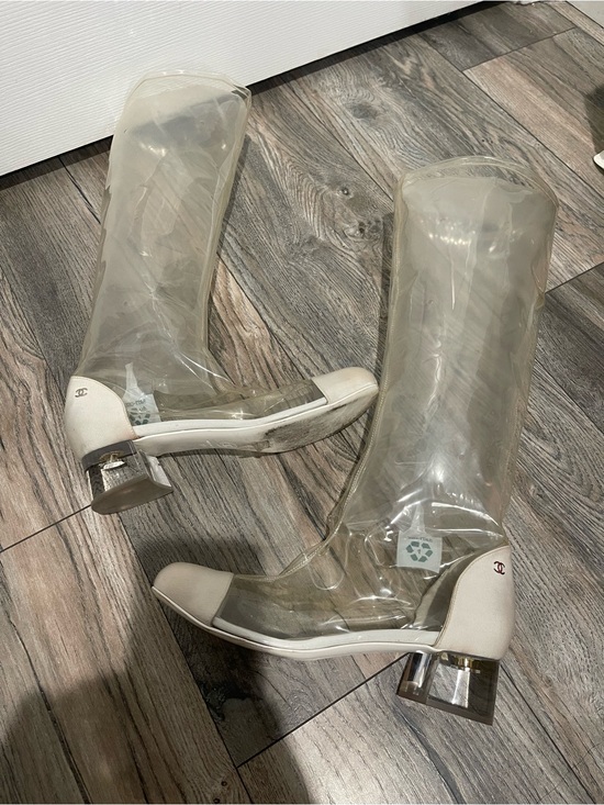 CHANEL Shoes - CHANEL Clear PVC Knee Boots with White Cap Toe and Heel